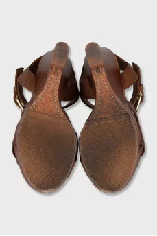 Brown leather wedge sandals