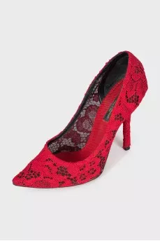 Red lace pumps