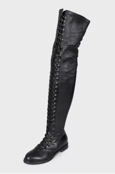 Leather over-the-knee boots with lacing