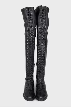 Leather over-the-knee boots with lacing