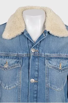 Button-up denim jacket with fur collar