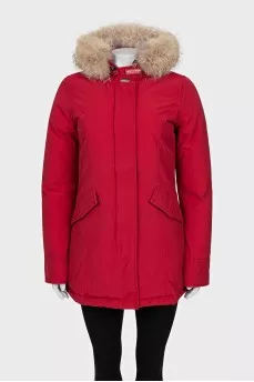 Red down jacket with removable fur