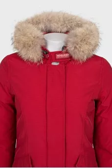 Red down jacket with removable fur