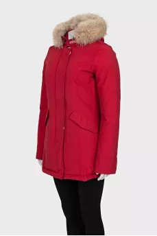Red down jacket with removable fur