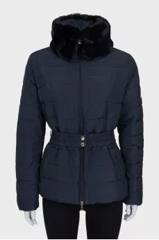 Blue down jacket with a belt