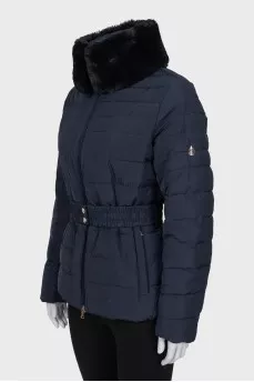 Blue down jacket with a belt