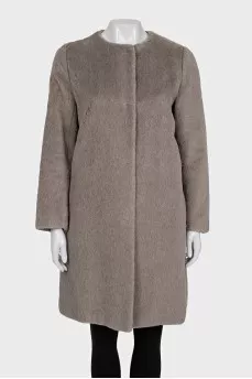 Gray fur coat without a collar
