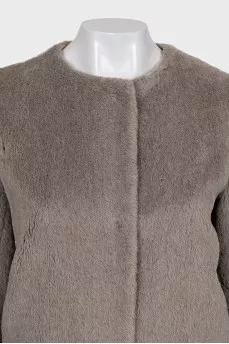 Gray fur coat without a collar