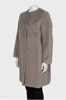 Gray fur coat without a collar