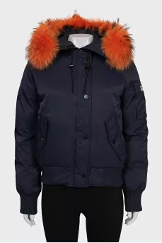 Short down jacket with fur trim on the hood