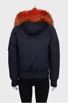 Short down jacket with fur trim on the hood