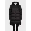 Black down jacket with a wool hood