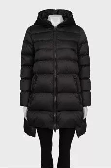 Black down jacket with a wool hood