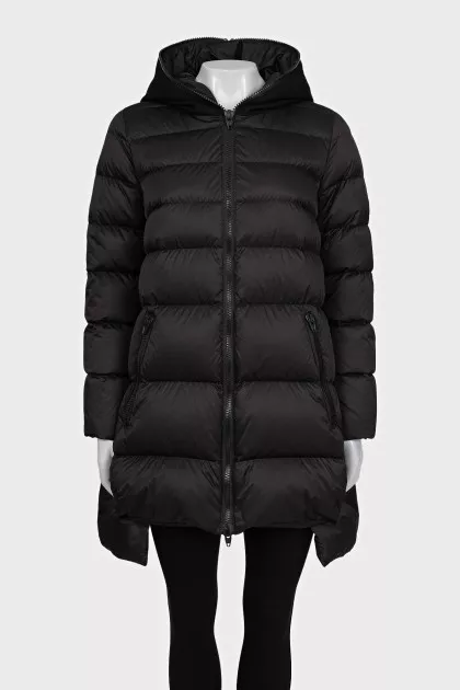 Black down jacket with a wool hood