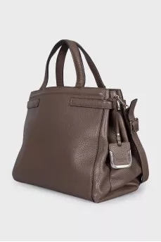 Brown leather tote with silver hardware