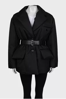 Black down jacket with a belt