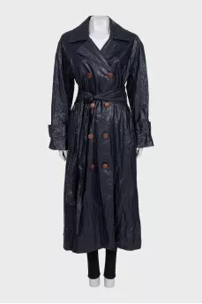 Double-breasted eco-leather coat with belt