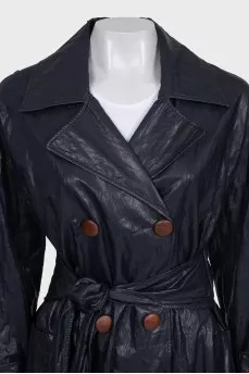 Double-breasted eco-leather coat with belt