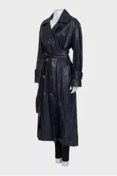 Double-breasted eco-leather coat with belt