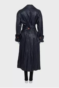 Double-breasted eco-leather coat with belt