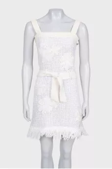 Knitted white sundress with fringe