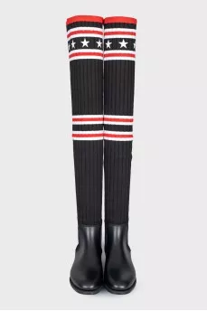Over-the-knee boots made of textile and rubber with a print