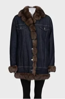 Denim down jacket with fur trim