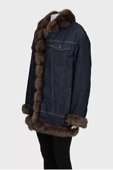 Denim down jacket with fur trim
