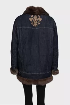Denim down jacket with fur trim