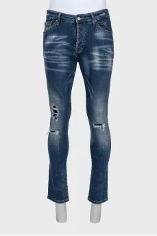 Чоловічі джинси slim fit з рваним ефектом та принтом