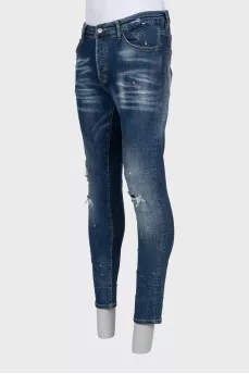 Чоловічі джинси slim fit з рваним ефектом та принтом