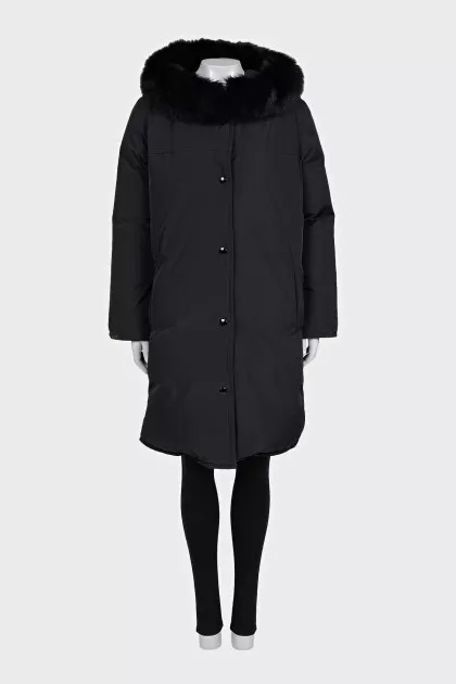 Long down jacket with fur on the hood