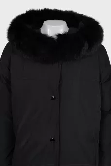 Long down jacket with fur on the hood