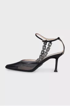 Mesh slingbacks with metallic embellishments