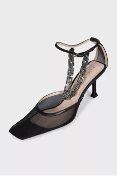Mesh slingbacks with metallic embellishments