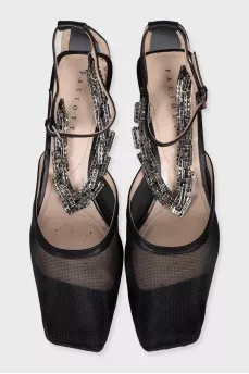 Mesh slingbacks with metallic embellishments