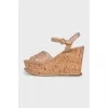 Beige patent leather wedge sandals