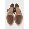 Beige patent leather wedge sandals
