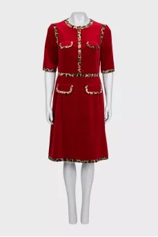 Velvet dress with animal print trim