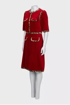 Velvet dress with animal print trim