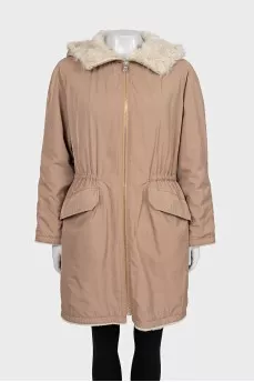 Beige parka with a wool hood