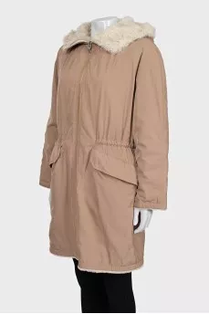 Beige parka with a wool hood
