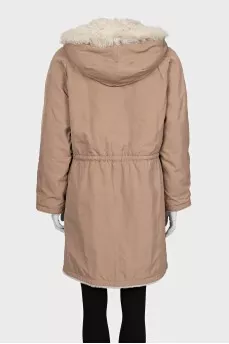 Beige parka with a wool hood