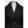 Black down jacket with a leather belt