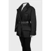 Black down jacket with a leather belt