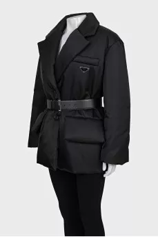 Black down jacket with a leather belt