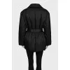 Black down jacket with a leather belt