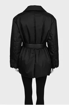 Black down jacket with a leather belt
