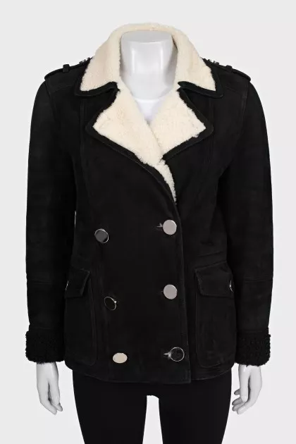 Black sheepskin coat with buttons