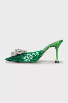 Green mules decorated with rhinestones